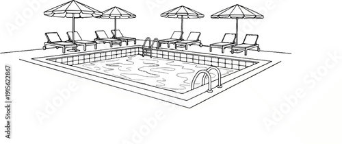 Outdoor swimming pool scene with lounge chairs and umbrellas