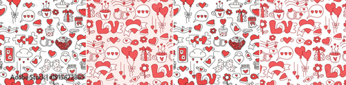 Seamless Valentine Doodle Pattern. Outline Red Heart, Balloons, Wedding Rings, Love Symbols, Coffee, Sweets, Puzzle And Romantic Elements on White Background. Vector Illustration. Not AI