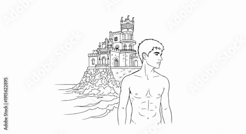 Muscular young man looking out towards a cliffside castle overlooking the sea