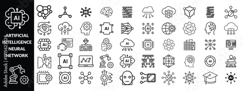Artificial intelligence icon set featuring AI brain, robot, neural network, machine learning, automation, data processing, technology symbols for apps, dashboards, infographics, websites