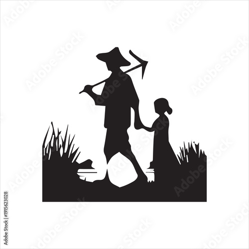 silhouette of a farmer walking with a hoe on his shoulder while holding a girl's hand, representing rural life, family bond, and agriculture.