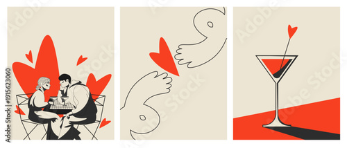 Romantic couple shares a moment at a cafe, hands reaching, and a martini glass with a heart garnish.