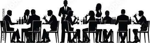 Business dinner silhouettes showing professionals dining drinking wine and networking with waiter service in elegant restaurant setting for corporate meeting concepts illustration isolated
