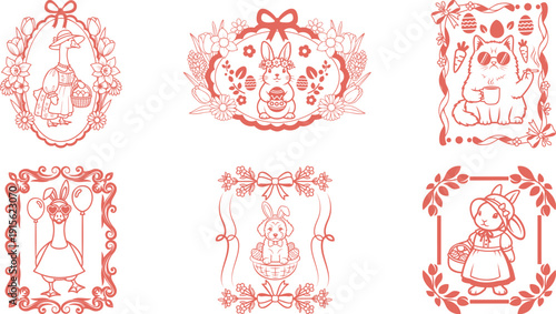 Wallpaper Mural Cute and vintage-style Easter Clipart Bundle collection of adorable illustrations featuring cute animals inside ornate oval frames including Duck, Bunny, Dog, puppy, drawn in a soft line art vector Torontodigital.ca