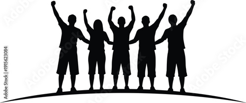 Group of people silhouettes celebrating success together with raised fists symbolizing teamwork unity achievement motivation leadership and community spirit illustration isolated on white background