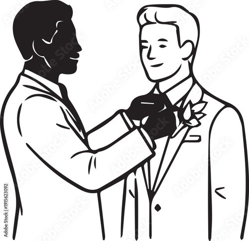 Man adjusting groom's tie formal preparation illustration.
