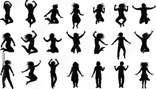 Dynamic silhouettes of jumping people expressing happiness energy freedom and celebration in multiple poses, creative human motion collection isolated on white background