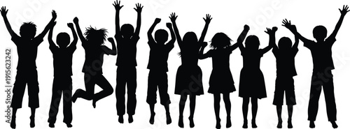 Happy children silhouettes jumping together with raised hands celebrating joy freedom friendship teamwork childhood energy and playful unity illustration isolated on white background