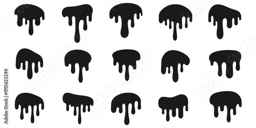 Dripping paint border set isolated on white background. Black ink and liquid drip edges forming grunge decorative dividers. Urban design elements for graffiti style posters, banners