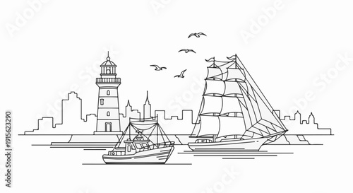 Nautical scene with sailing ship, motorboat, lighthouse, and city skyline