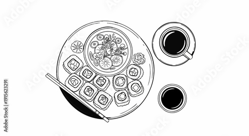 Overhead view of a sketch depicting sushi rolls, soup, and cups of coffee
