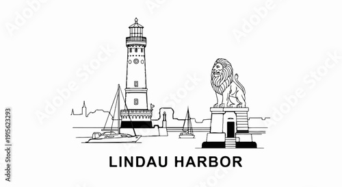 Nautical scene with lighthouse, lion statue, sailboats, and city skyline
