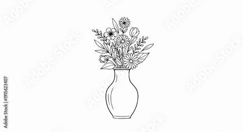 Outline drawing of a vase filled with various flowers and leaves
