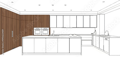 Modern kitchen interior with wooden cabinets, island, and appliances