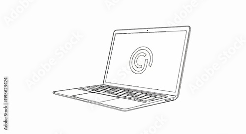 Outline drawing of an open laptop with a symbol on the screen