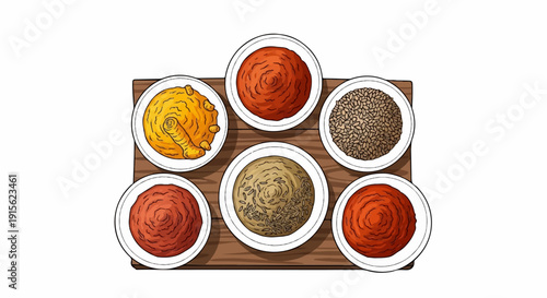 Overhead view of six small bowls of various food ingredients on a wooden surface