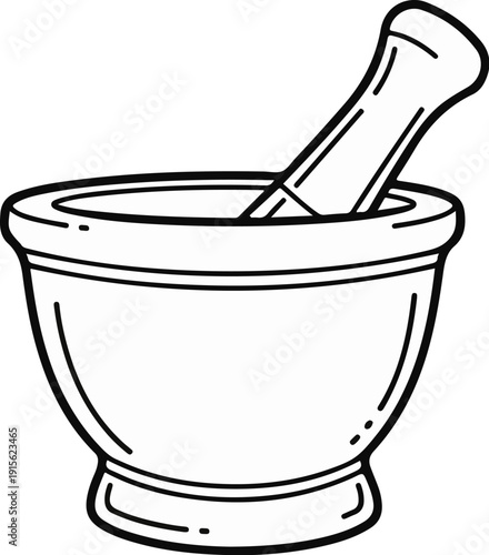 Outline illustration of a mortar and pestle, an ancient tool for grinding ingredients