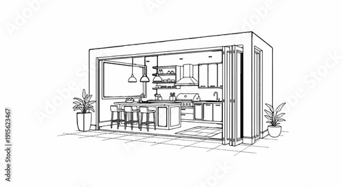 Modern open concept kitchen with island, bar stools, and bi-fold doors