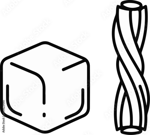 Outline illustration of an ice cube and a twisted cylindrical shape