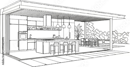 Modern open-plan kitchen with island, stools, and outdoor dining area