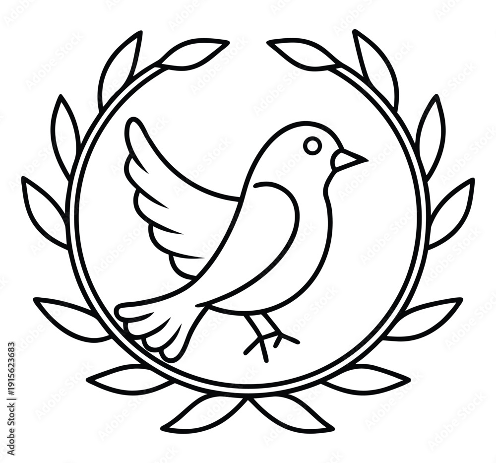 Obraz premium A simple black and white illustration depicts a dove with outstretched wings inside a laurel wreath