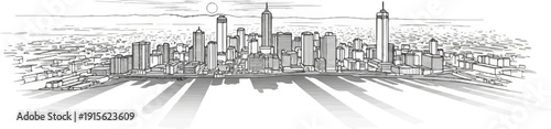 Panoramic line art sketch of a bustling city skyline with tall buildings and shadows
