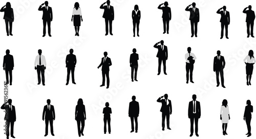 Business people silhouettes in formal suits standing and saluting, corporate professionals collection, leadership and teamwork concept, diverse office workers isolated on white background