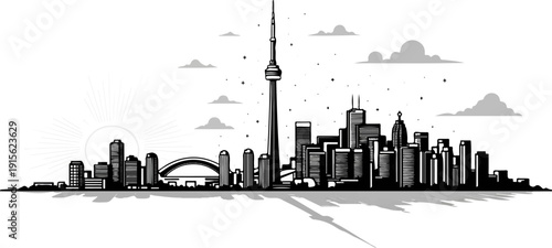 Monochromatic cityscape silhouette with sunburst and clouds