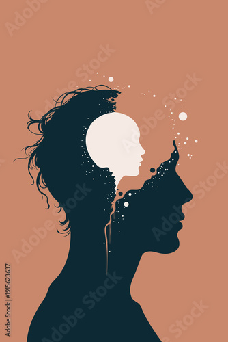Profile silhouette of head containing inner child face with  paint splatter flowing out, symbolizing trauma, inner voice, childhood memories therapy