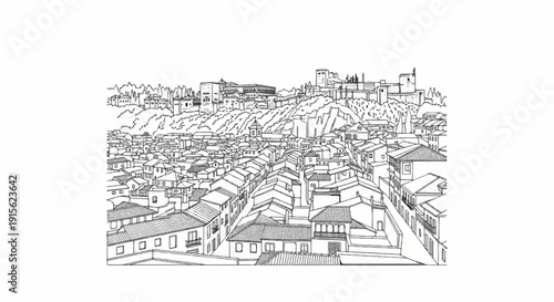 Panoramic sketch of a densely packed old town with buildings climbing a hillside towards a distant fortress