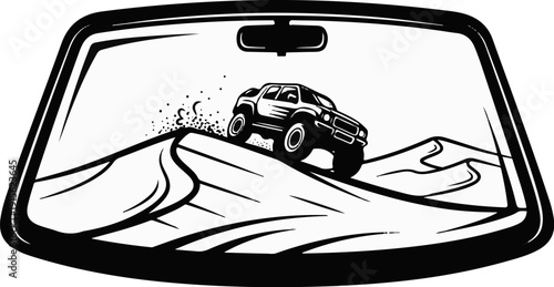 Off-road vehicle climbing a sandy dune seen through a windshield