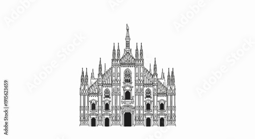Ornate gothic cathedral facade with spires and statues, black and white sketch