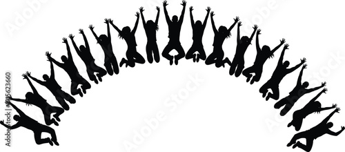 Group of jumping people silhouettes forming arc shape, joyful teamwork, unity and freedom concept, energetic celebration, success and motivation isolated on white background
