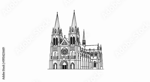 Ornate Gothic cathedral drawing with twin spires and rose window