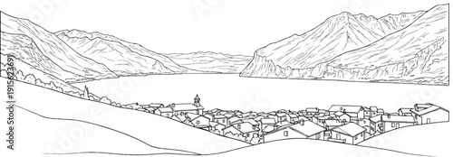 Panoramic sketch of a lakeside village nestled amongst mountains
