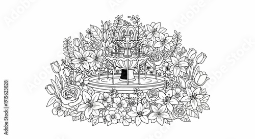 Ornate fountain center of lush floral arrangement, a delicate drawing