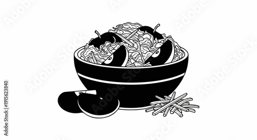 Monochrome illustration of a bowl overflowing with noodles, garnished with apple slices and sticks