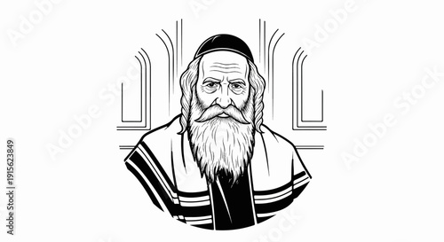 Old man with beard and kippah, wearing a tallit, in front of arches