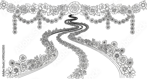Ornate floral garlands frame a winding path lined with abundant blooms