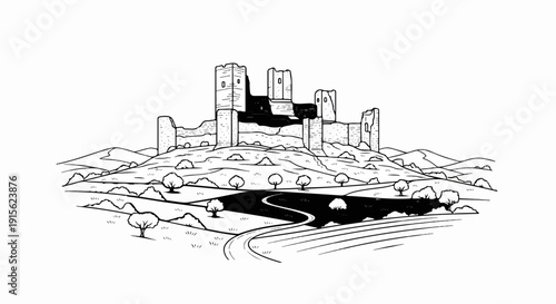 Old stone castle ruins on a hill overlooking a winding road and fields