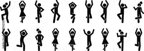 Happy dancing people silhouettes set showing men and women in energetic poses, celebration and fun concept, black human figures isolated on white background