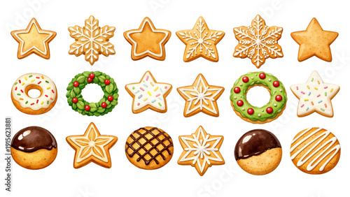 A charming watercolor collection of festive Christmas cookies, including star-shaped biscuits, iced snowflakes, wreath donuts, chocolate-dipped treats, and decorative holiday sprinkles.