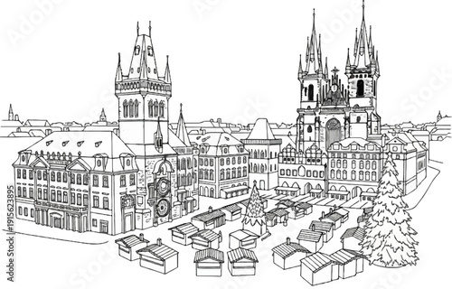 Old town square with clock tower and gothic church