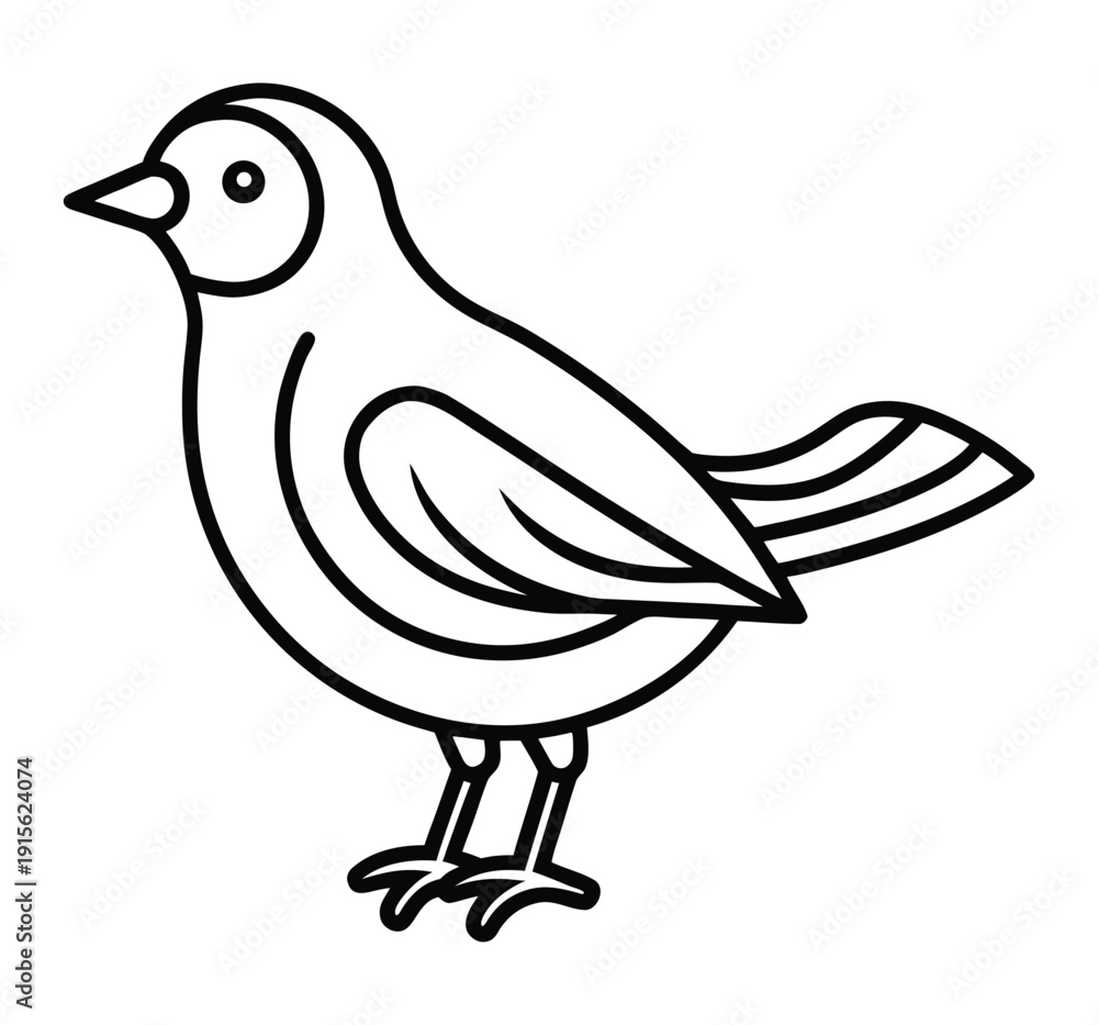 Fototapeta premium A simple black and white line drawing depicts a small bird with rounded features and delicate tail feathers