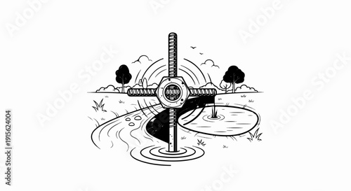 Mechanical valve controls water flow in a stylized natural landscape