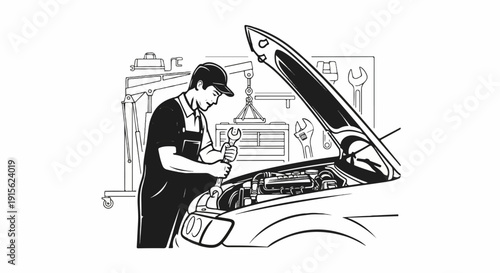 Mechanic working on car engine with tools and equipment in workshop