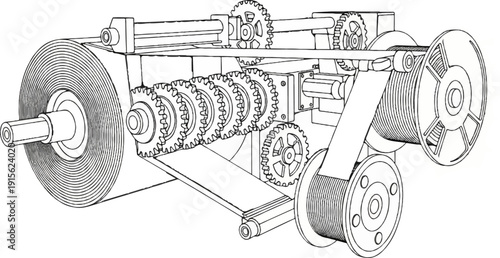 Mechanical apparatus with spools, gears, and a conveyor belt