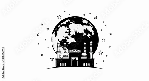 Mosque silhouette against a large moon and stars