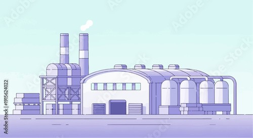 Minimalist industrial complex with smokestacks and storage tanks under a clear sky