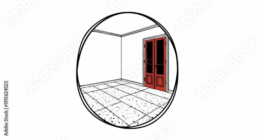 Minimalist interior of a room with red double doors and tiled floor
